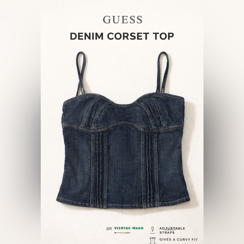 Guess Denim Bustier Tank Top with Spaghetti Straps - Dark Indigo